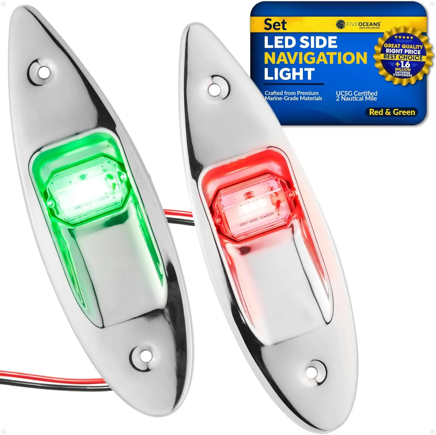 Five Oceans LED Boat Navigation Lights, Bow Light, Vertical Mount Sidelight, Red & Green, 12-Volt, USCG 2NM - FO3840