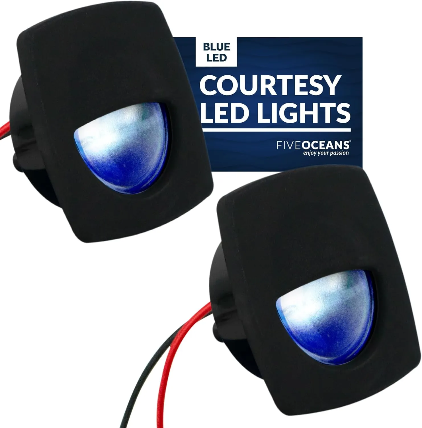 Five Oceans LED Companion Way Light, 2 Pack Marine Courtesy Lights, Square for Boat Interior, Deck, Cockpit, Blue LED, for Pontoon, Fishing, Bass, Sailboat, RVs, Caravan - FO4002-M2