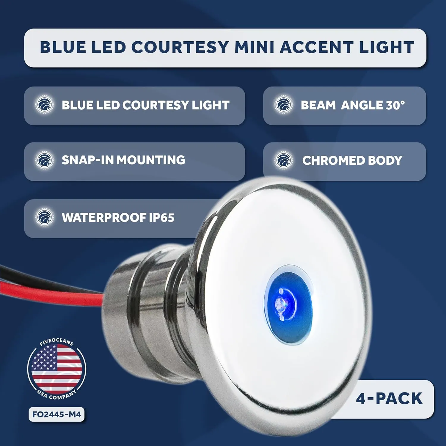 Five Oceans LED Marine Courtesy Lights, 4-Pack Mini Accent Lights, Round Deluxe for Boat Interior, Deck, Cockpit, Blue LED, for Pontoon, Fishing, Bass, Sailboat, RVs - FO-2445-M4
