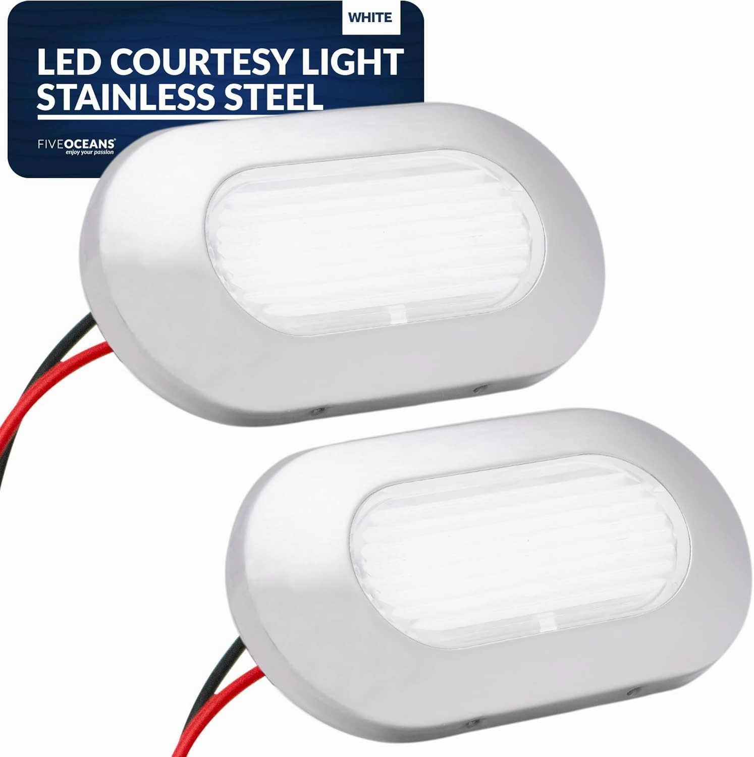 Five Oceans 2-Pack Oblong LED Courtesy Light, Marine Lights for Boat Interior, Deck, Cockpit, Daylight White, IP67 Waterproof, 12V, for Pontoon, Fishing Boat, RVs - FO4139-M2