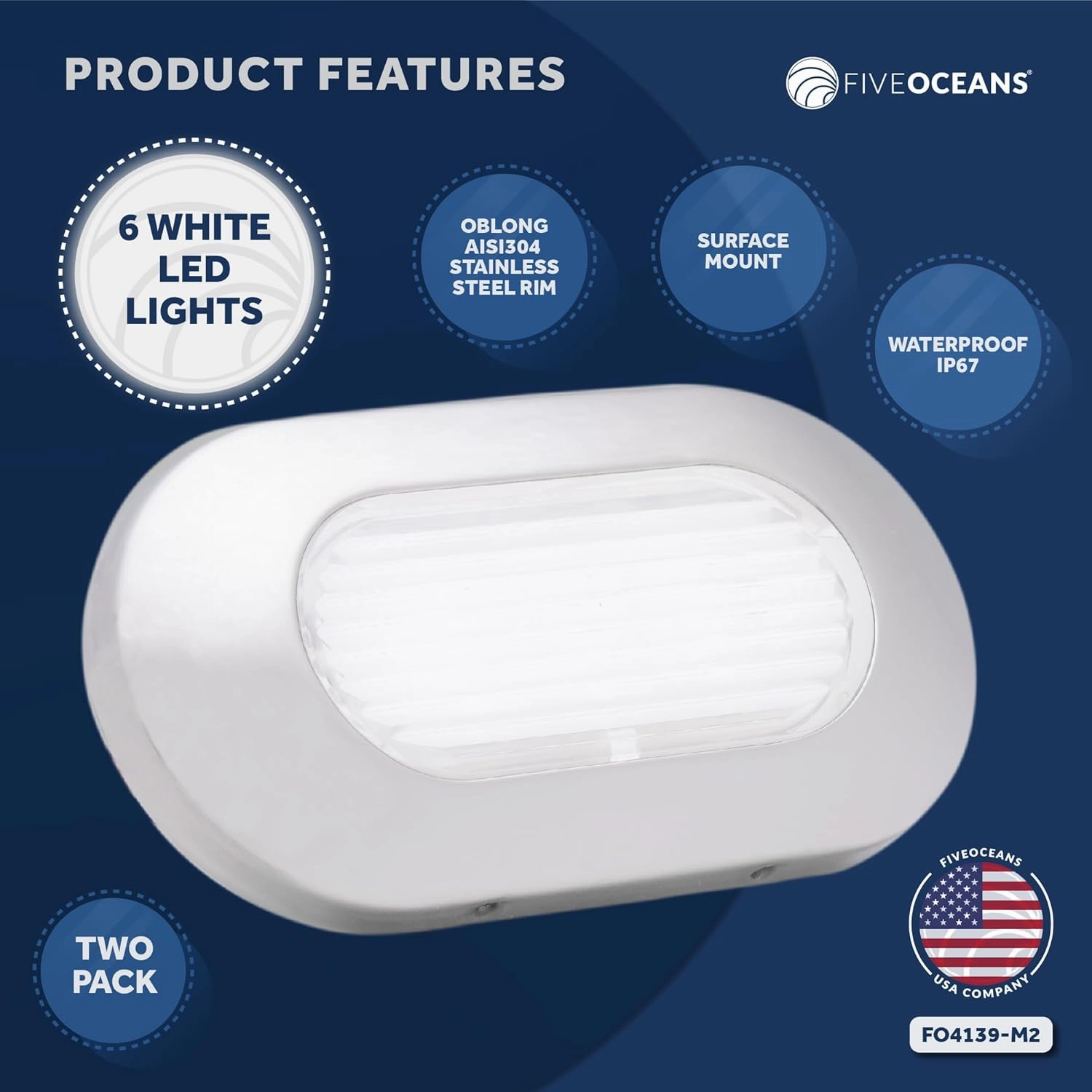 Five Oceans 2-Pack Oblong LED Courtesy Light, Marine Lights for Boat Interior, Deck, Cockpit, Daylight White, IP67 Waterproof, 12V, for Pontoon, Fishing Boat, RVs - FO4139-M2