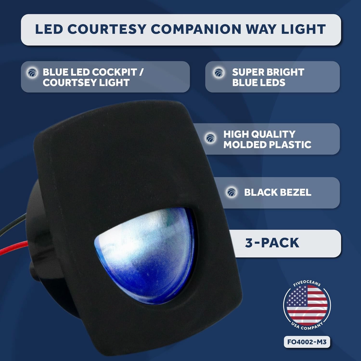 Five Oceans LED Companion Way Light, 3 Pack Marine Courtesy Lights, Square for Boat Interior, Deck, Cockpit, Blue LED, for Pontoon, Fishing, Bass, Yacht, Sailboat, RVs FO-4002-M3
