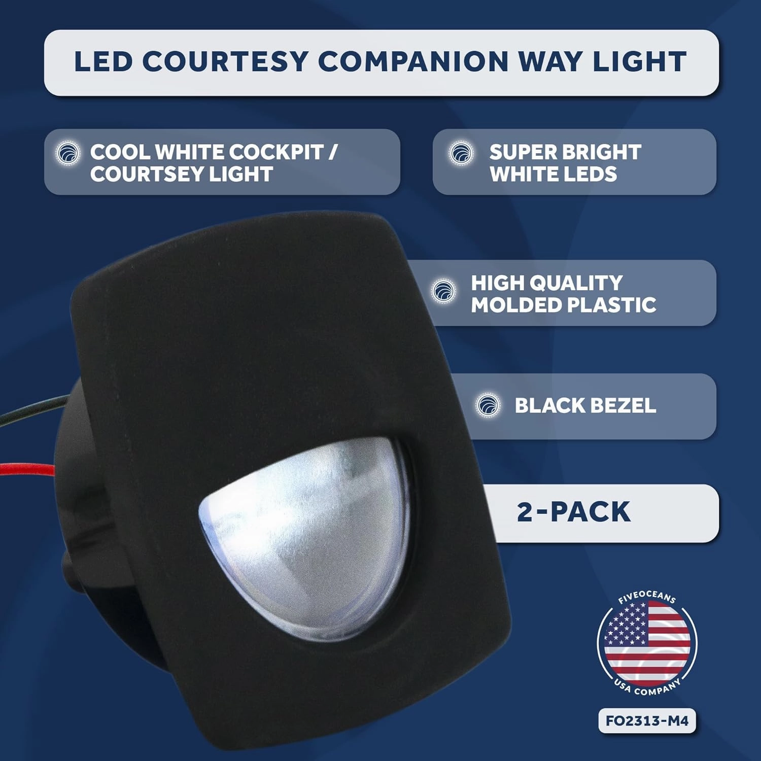 Five Oceans LED Companion Way Light, 4 Pack Marine Courtesy Lights, Square for Boat Interior, Deck, Cockpit, Cool White LED, for Pontoon, Fishing, Bass, Yacht, Sailboat, RV - FO2313-M4