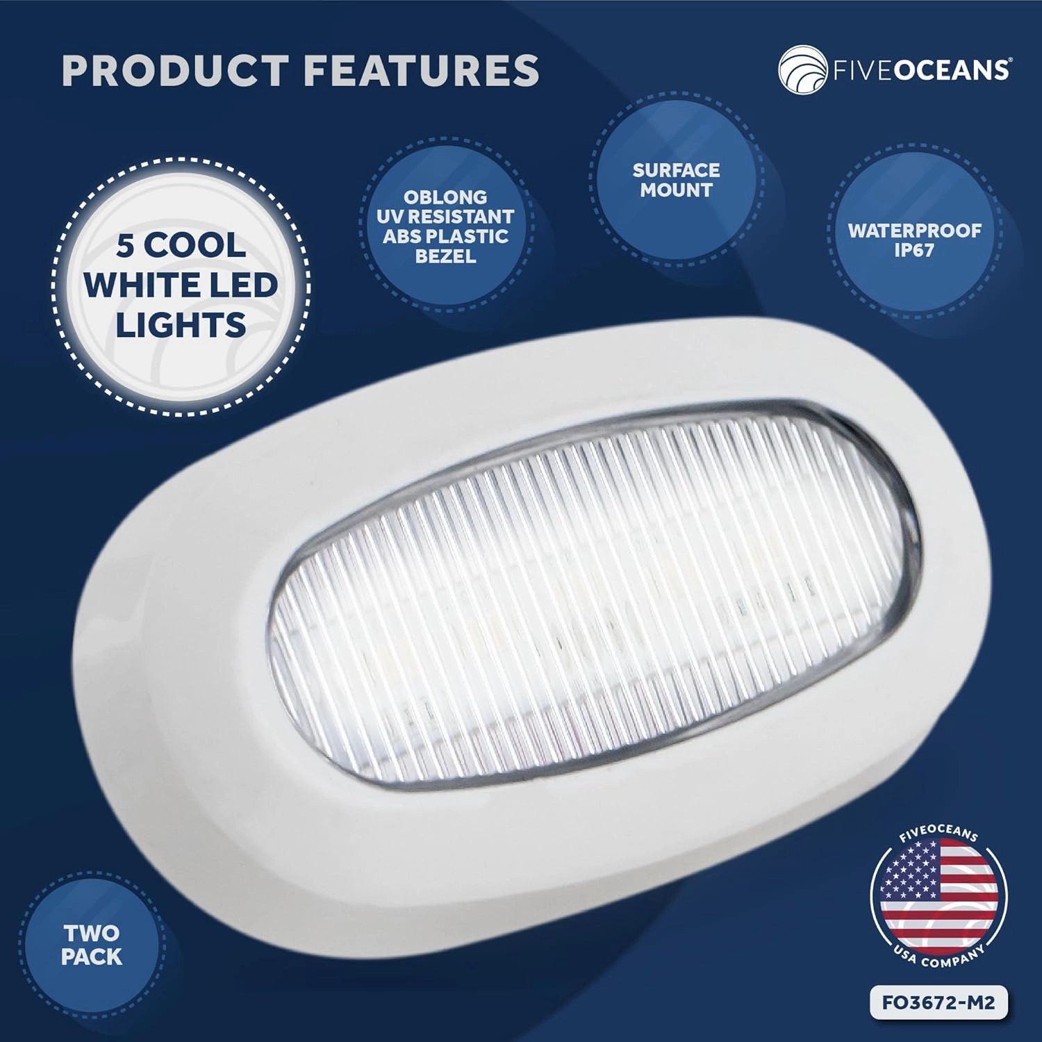 Five Oceans Oblong LED Accent Lights, 2 Pack Marine Light for Boat Interior, Deck, Cockpit, Cool White LED, IP 67 Waterproof, 12V, Pontoon, Fishing Boat, Yacht, RVs - FO3672-M2