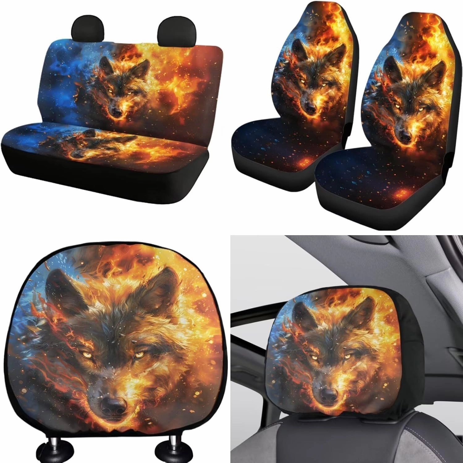 FKELYI Fire Wolf Car Dust-Proof Seat Covers Soft Polyester Headrest Cover Gear Shifter Knob and Handbrake Cover Steering Wheel Cover,Cup Coasters