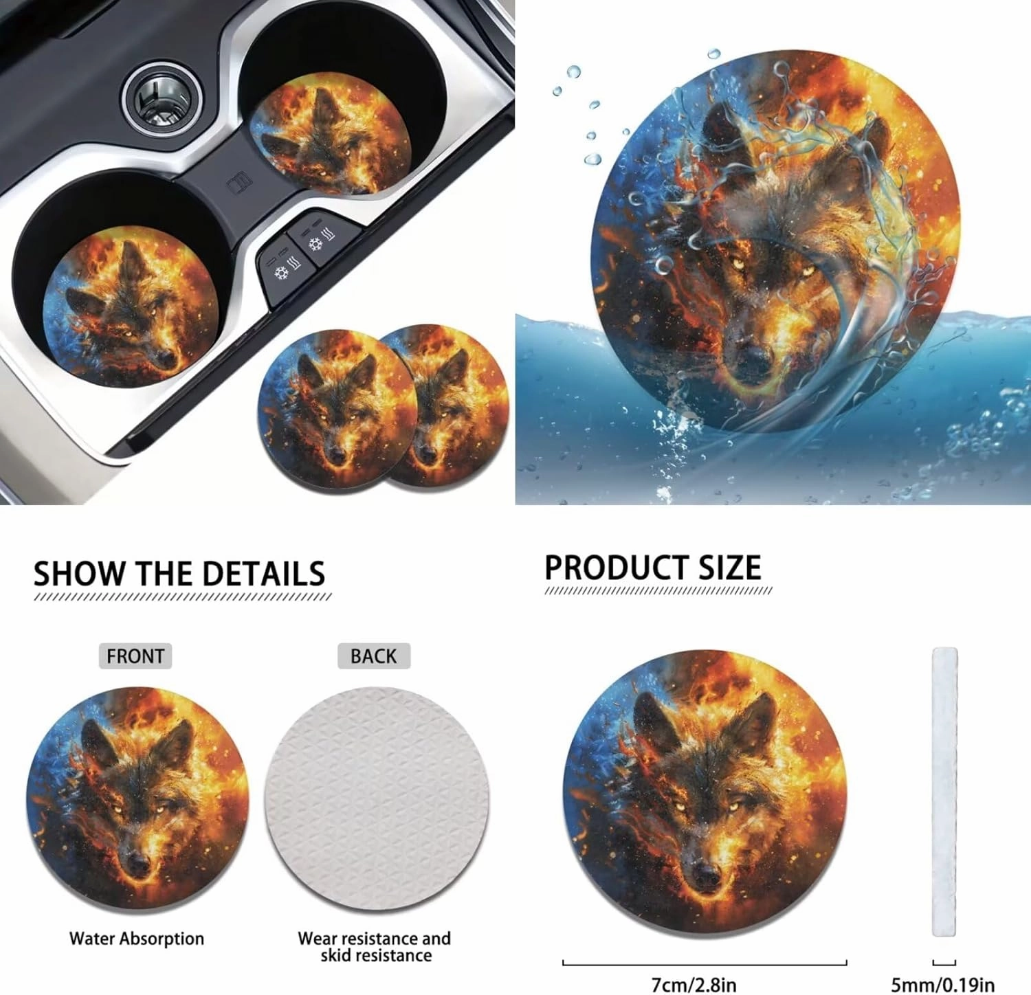FKELYI Fire Wolf Car Dust-Proof Seat Covers Soft Polyester Headrest Cover Gear Shifter Knob and Handbrake Cover Steering Wheel Cover,Cup Coasters