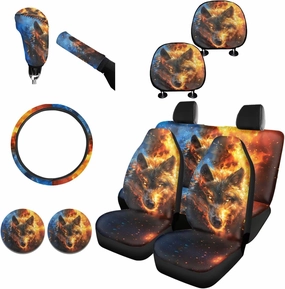FKELYI Fire Wolf Car Dust-Proof Seat Covers Soft Polyester Headrest Cover Gear Shifter Knob and Handbrake Cover Steering Wheel Cover,Cup Coasters