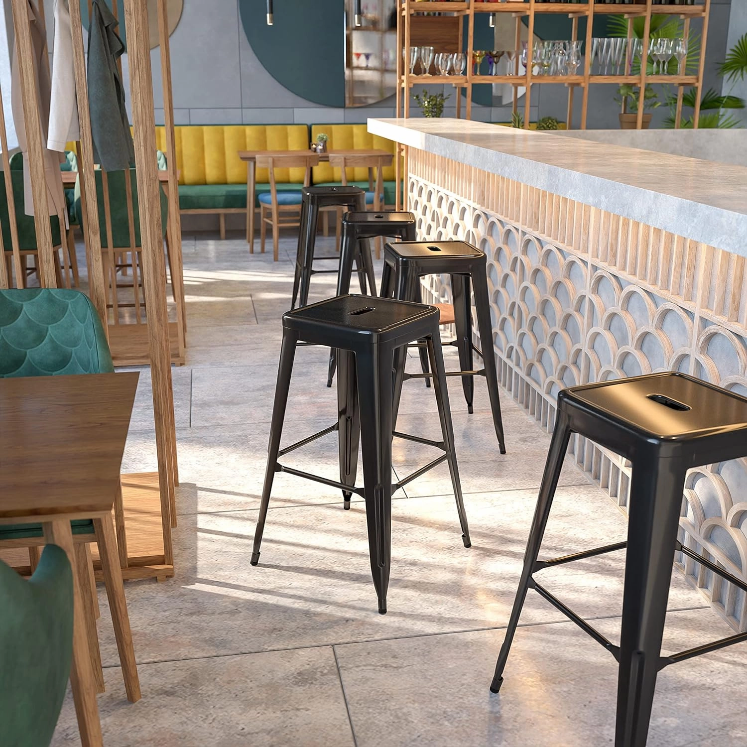 Flash Furniture 30"H Commercial Modern Metal Backless Barstool, Indoor/Outdoor Industrial Square Stacking Bar Stool for Patio Bars/Restaurants, Black