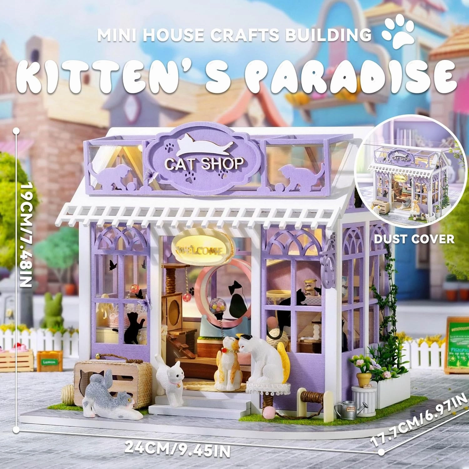 Flever DIY Miniature House Kit, Tiny Home Kit with LED Light, Mini House Build Craft Kits for Adults and Teens, Home Decor Creative Gift for Family/Friends (Kitten' s Paradise)