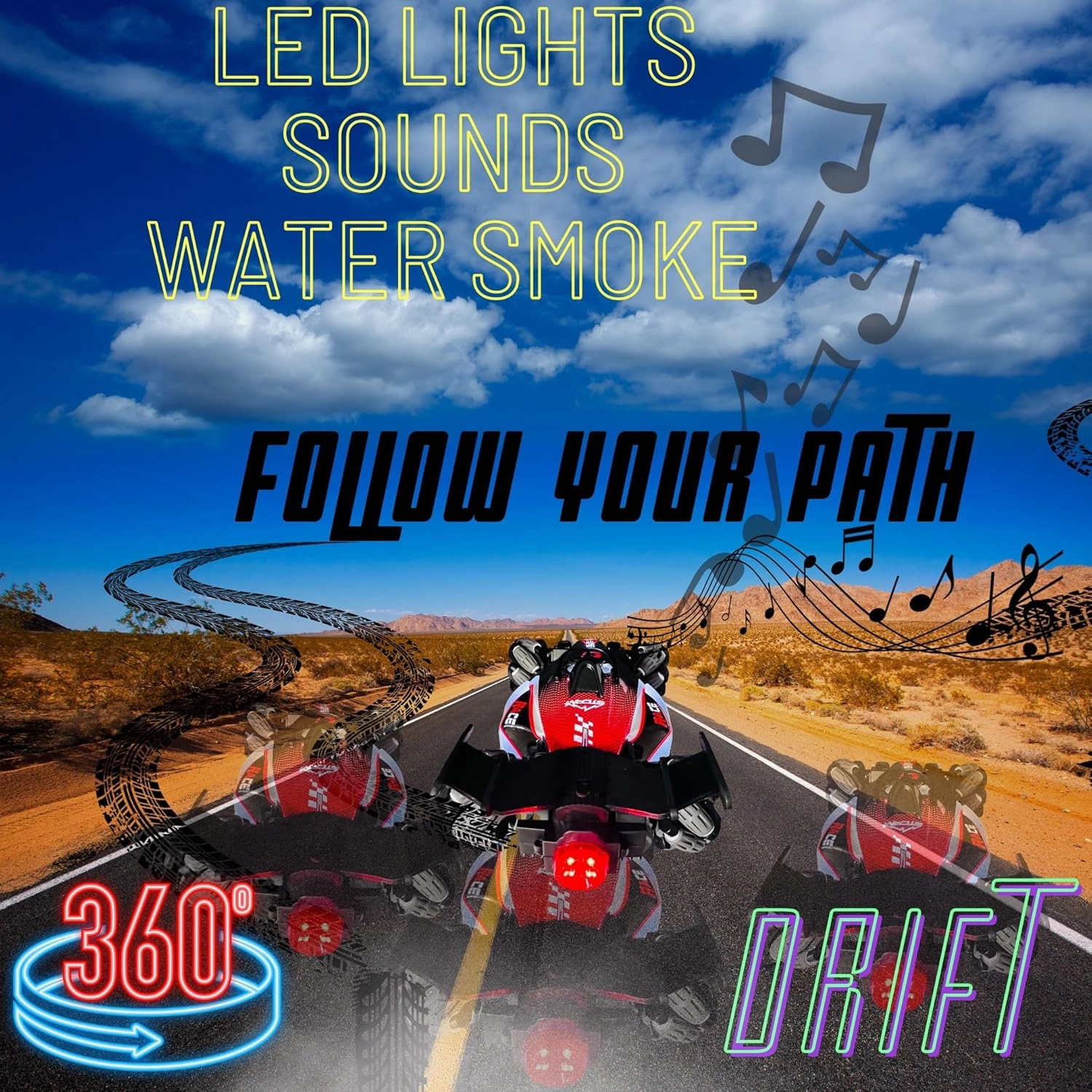 Formula Drift Car with Smoke, LED Lights, 360° Rotation, and Sound with Ultimate Drifting Experience 14"x7" (Red)