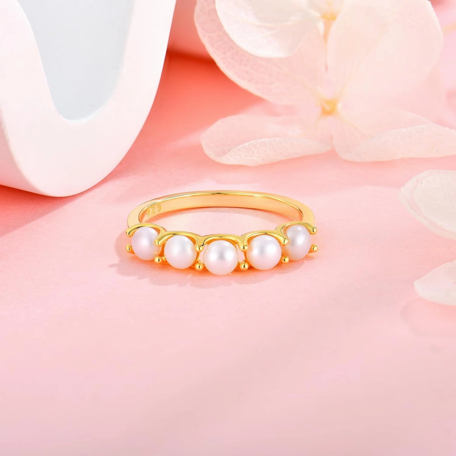 Freshwater Pearl Stackable Rings for Women 925 Sterling Silver 5 Pearls Diameter 4 mm Half Eternity Engagement Promise Wedding Band Rings Jewelry for Size 6-9