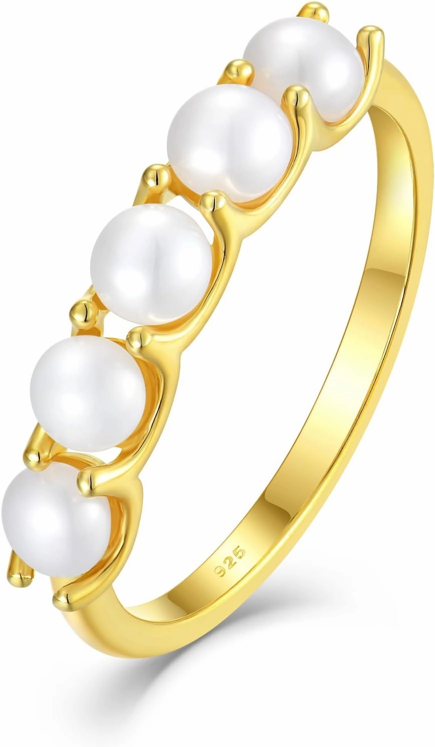 Freshwater Pearl Stackable Rings for Women 925 Sterling Silver 5 Pearls Diameter 4 mm Half Eternity Engagement Promise Wedding Band Rings Jewelry for Size 6-9