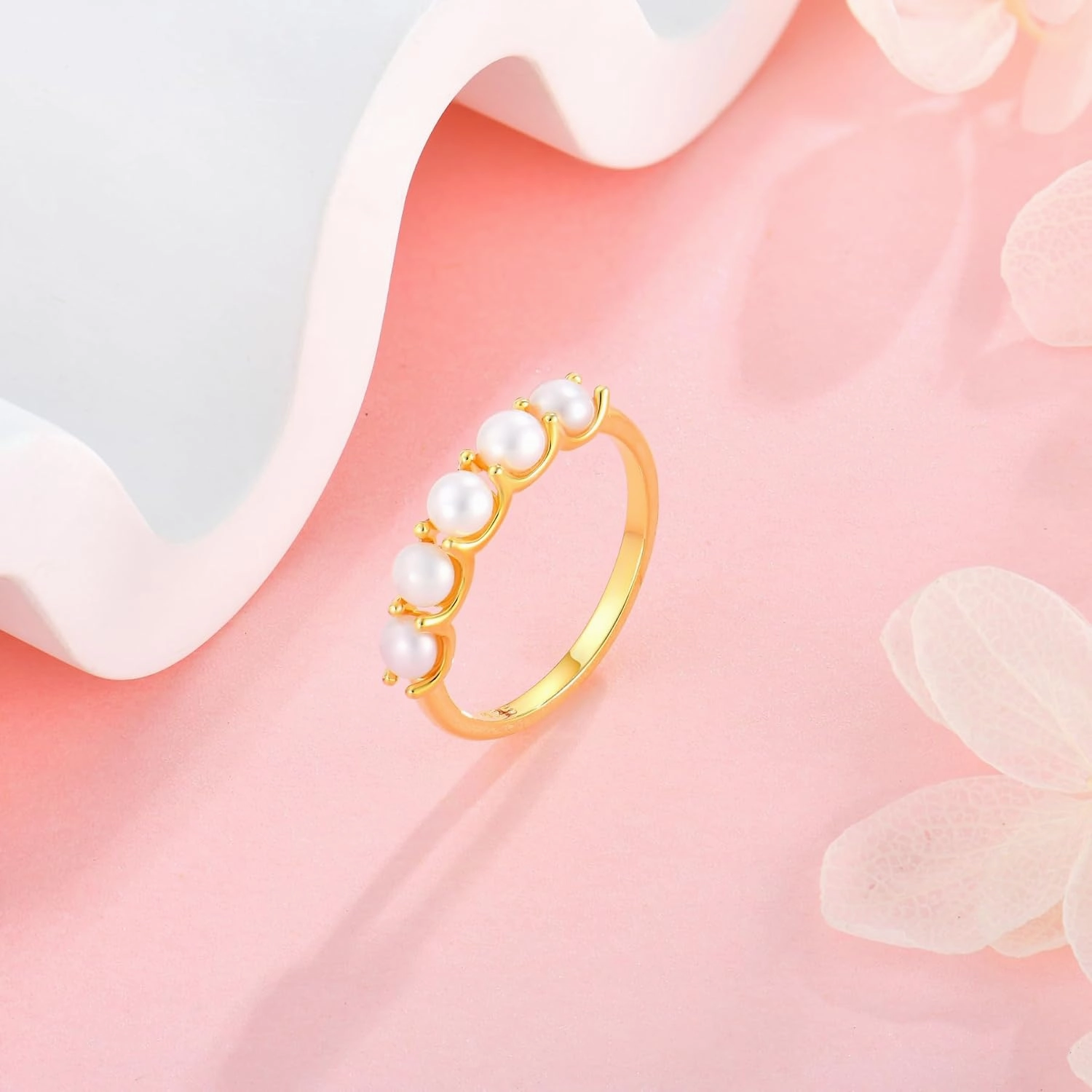 Freshwater Pearl Stackable Rings for Women 925 Sterling Silver 5 Pearls Diameter 4 mm Half Eternity Engagement Promise Wedding Band Rings Jewelry for Size 6-9