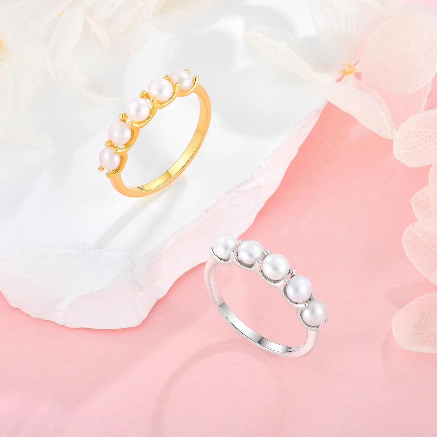 Freshwater Pearl Stackable Rings for Women 925 Sterling Silver 5 Pearls Diameter 4 mm Half Eternity Engagement Promise Wedding Band Rings Jewelry for Size 6-9