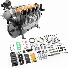 FS-L400BGC Engine Model, DIY Assembly L4 Engine Kit That Run, Four-Stroke Inline Four-Cylinder Metal Engine Model Kit, Engine Building Kit, Science Education Toy Gift -Kit
