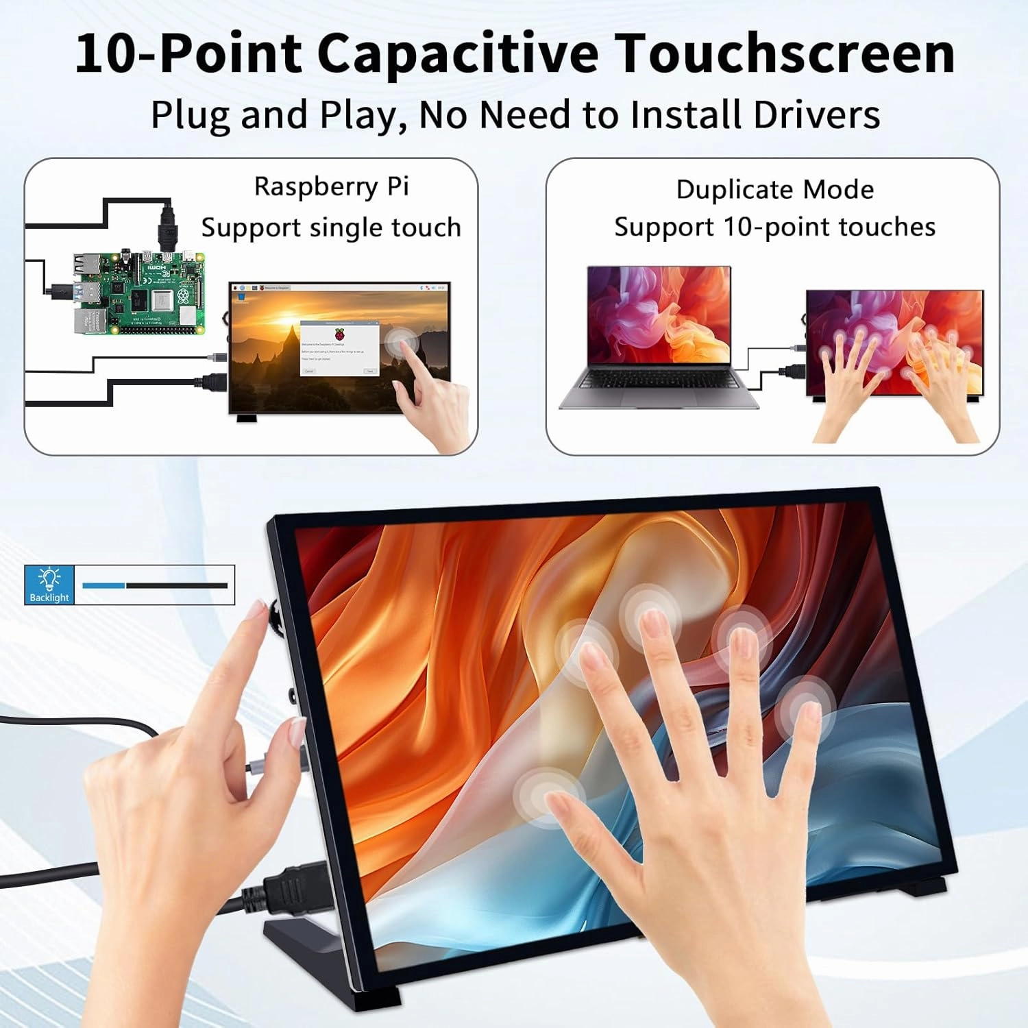 GeeekPi 10.1 Inch Capacitive Touchscreen Display, 1024x600 IPS LCD with Dual-Speaker, HDMI Portable Monitor for Raspberry Pi 5/4B/3B /3B/B /Zero/400, Win11/10/8/7, Free-Driver