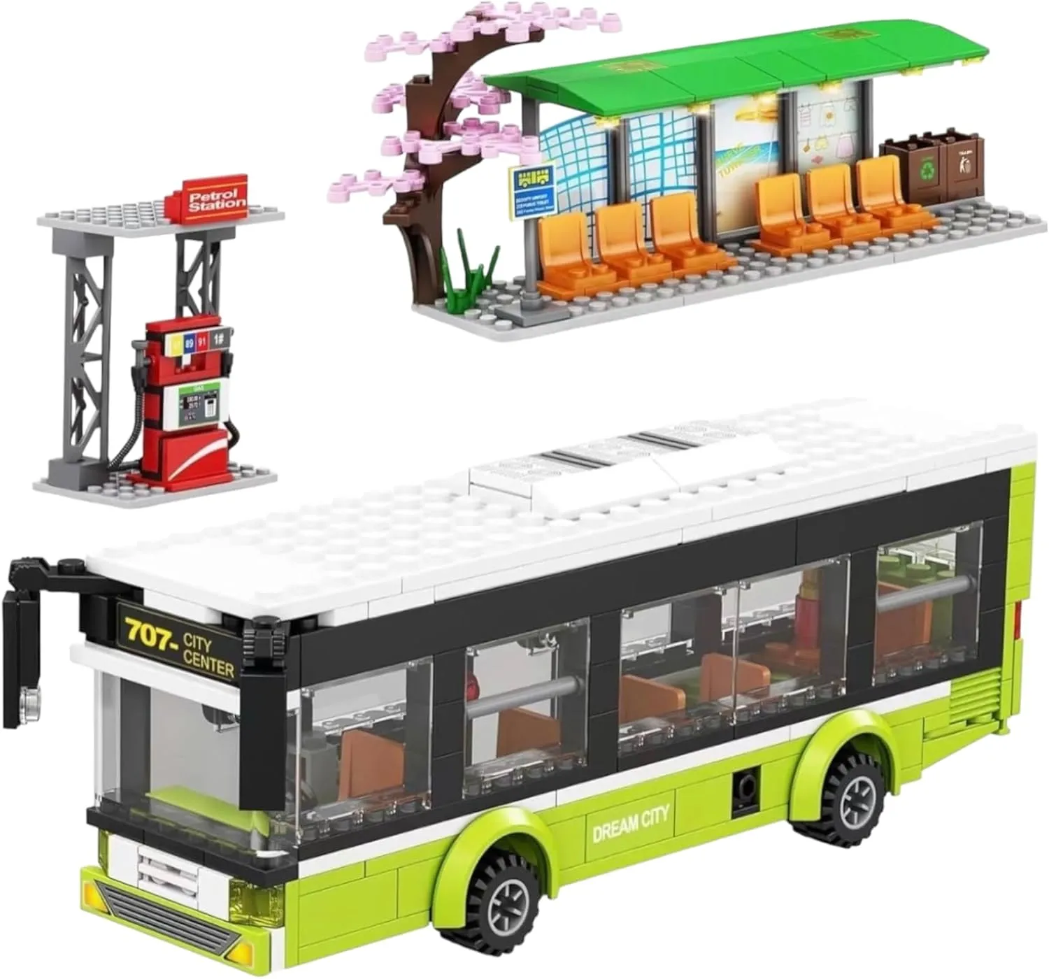 General Jim's City Bus Building Blocks Set - 415-Piece Urban Playset with Functional Doors, Removable Top and Bus Stop - Compatible with Major Brick Building Brands
