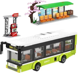General Jim's City Bus Building Blocks Set - 415-Piece Urban Playset with Functional Doors, Removable Top and Bus Stop - Compatible with Major Brick Building Brands