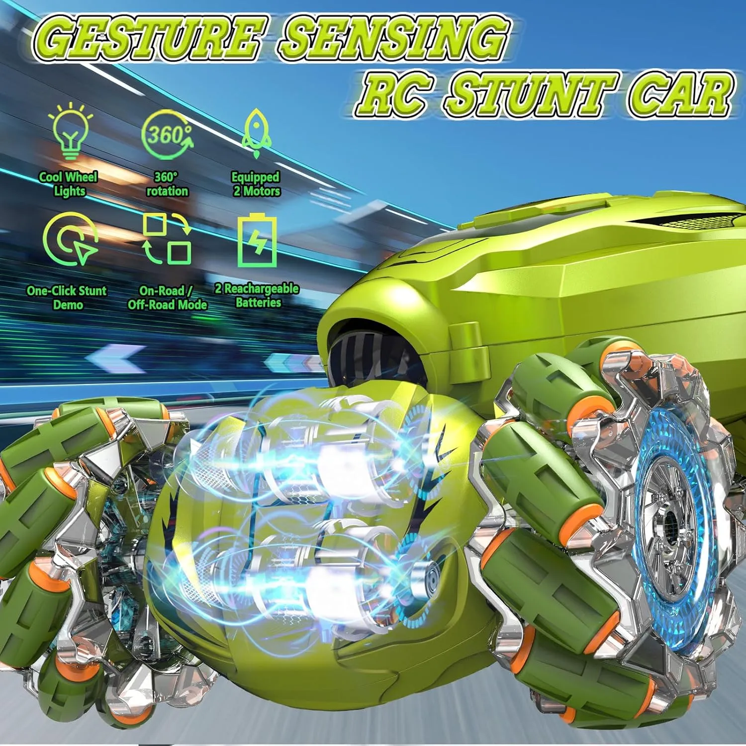 Gesture Sensing RC Stunt Car, 4WD Hand Controlled Remote Control Car Toys for 6-12 yr Boys Girls - St. Patrick's Day Gifts for Kids 6-8 8-13, 360° Rotating Transform Off Road w/Lights Music, Green