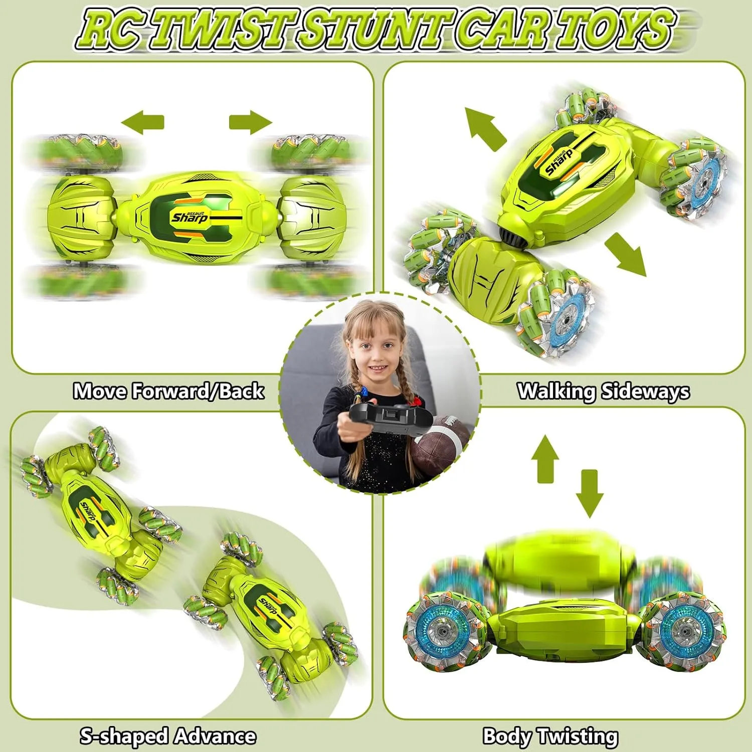 Gesture Sensing RC Stunt Car, 4WD Hand Controlled Remote Control Car Toys for 6-12 yr Boys Girls - St. Patrick's Day Gifts for Kids 6-8 8-13, 360° Rotating Transform Off Road w/Lights Music, Green