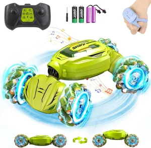Gesture Sensing RC Stunt Car, 4WD Hand Controlled Remote Control Car Toys for 6-12 yr Boys Girls - St. Patrick's Day Gifts for Kids 6-8 8-13, 360° Rotating Transform Off Road w/Lights Music, Green