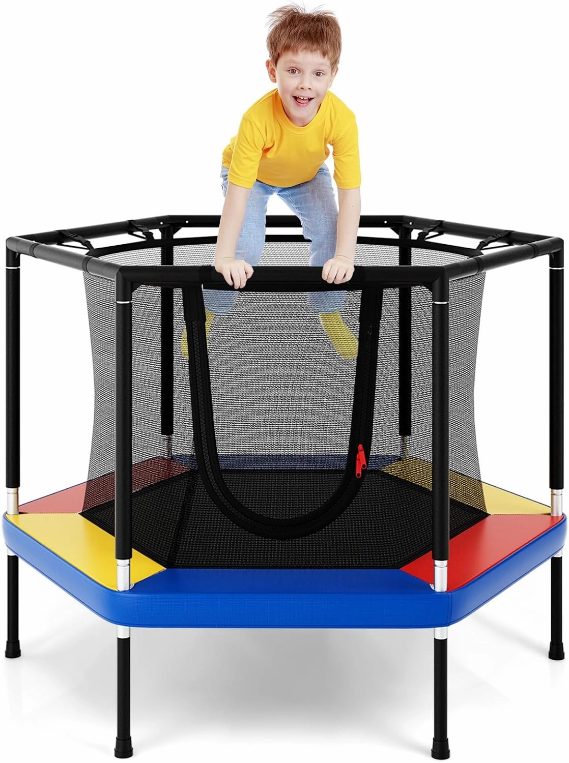 Giantex 48" Kids Trampoline, Outdoor Indoor Mini Recreational Round Trampoline w/Safety Enclosure Net, Foam Padded Handrails, Stable Hexagonal Shape Toddler Trampolines for Kids Gift