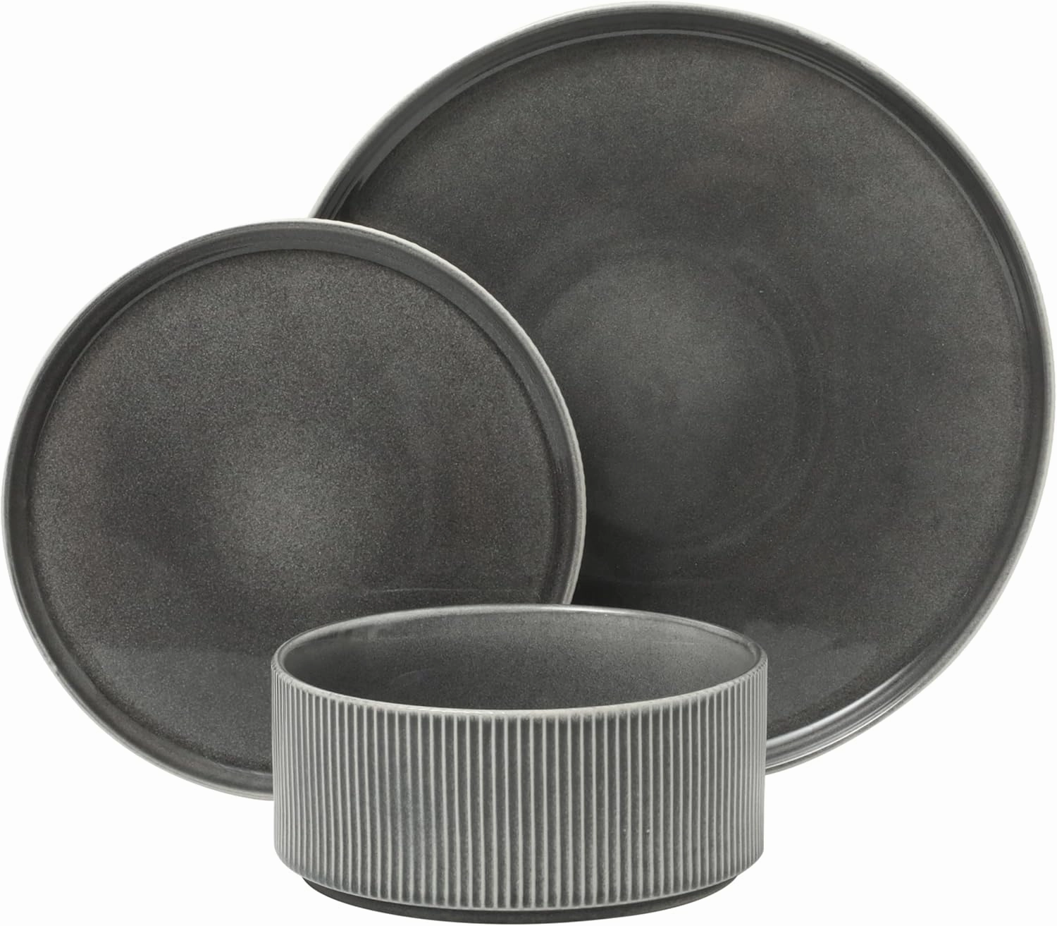 Gibson Elite Solana Coast 12 Piece Stoneware Reactive Glaze (Service for 4) Ceramic Plates and Bowls Modern Shape Embossed Dinnerware Set - Black