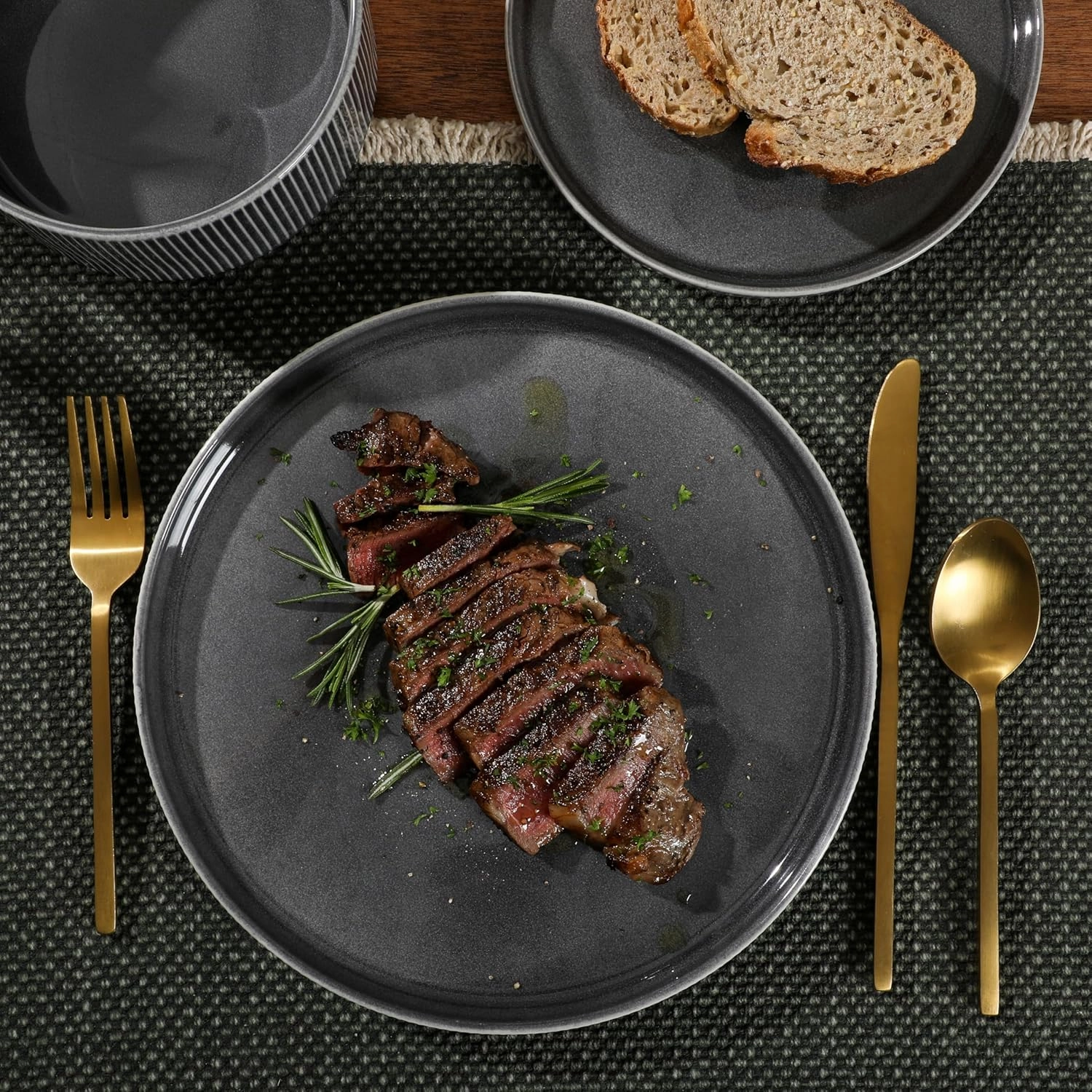 Gibson Elite Solana Coast 12 Piece Stoneware Reactive Glaze (Service for 4) Ceramic Plates and Bowls Modern Shape Embossed Dinnerware Set - Black
