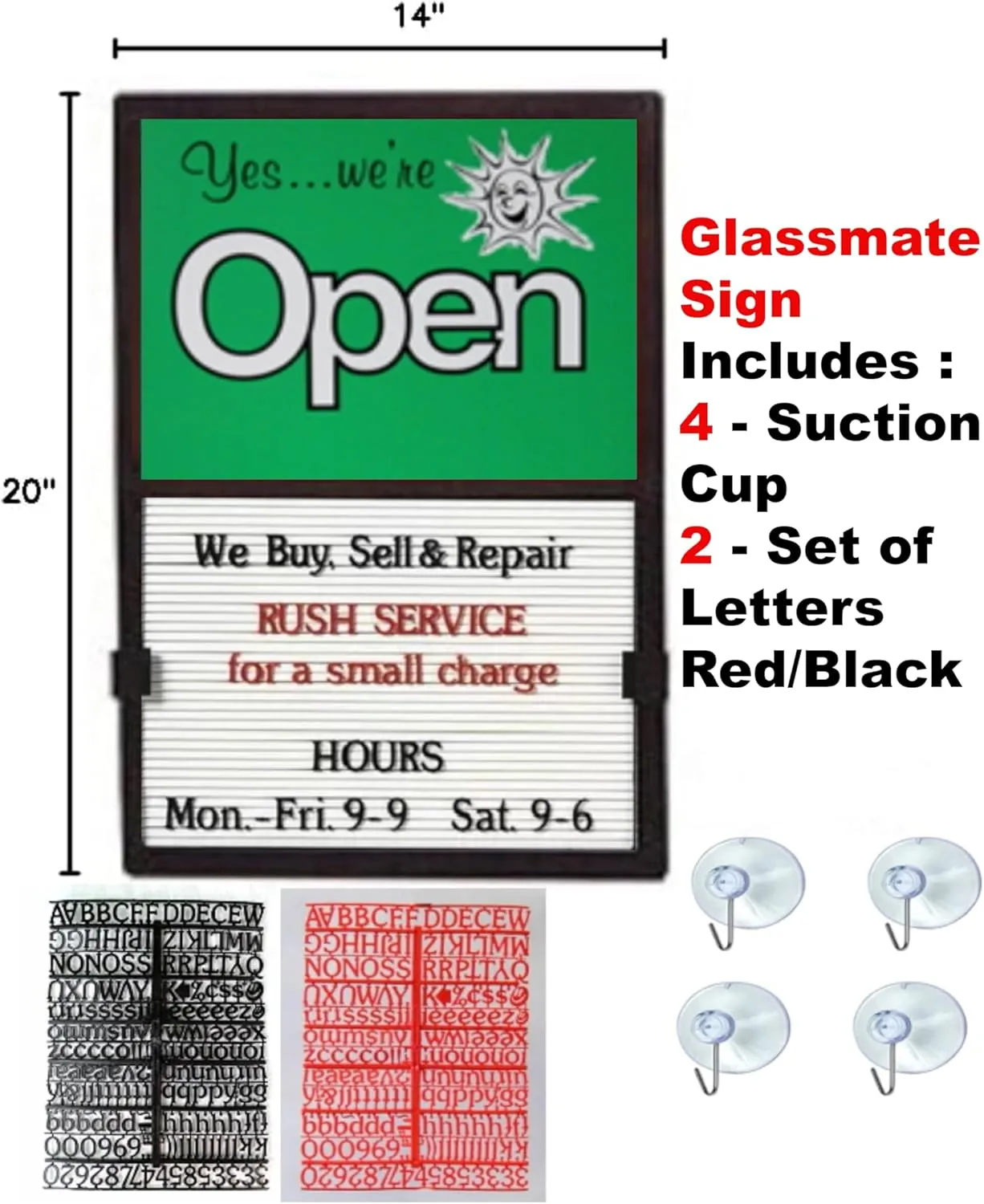 Glassmate Vertical Open/Closed Sun Message Slider Board Sign |14"W x 20"H (Green w/Sun)