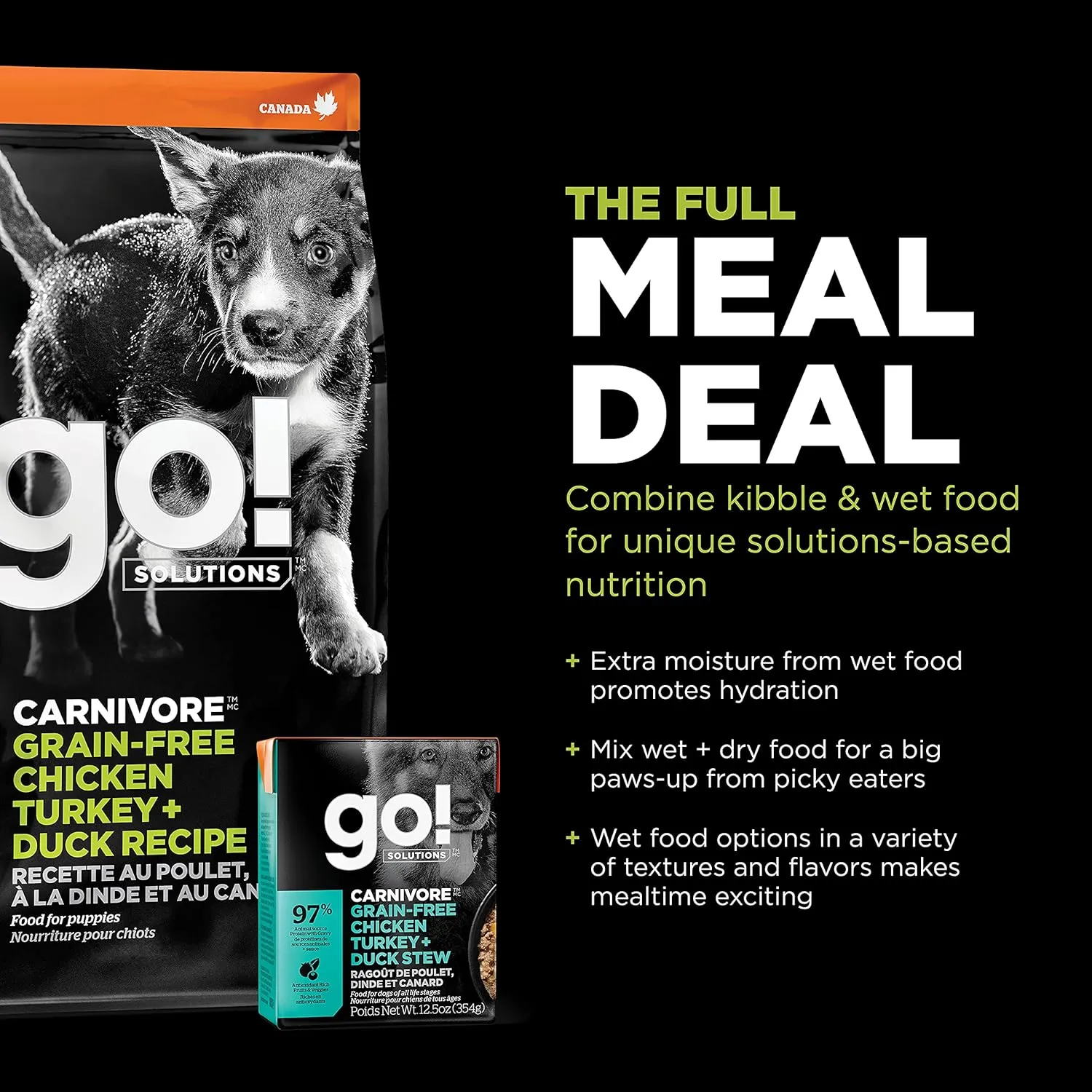Go! Solutions Carnivore, Grain-Free, Protein Rich Dry Dog Food, Chicken, Turkey and Duck Puppy Recipe, Small Kibble, 3.5 lb Bag