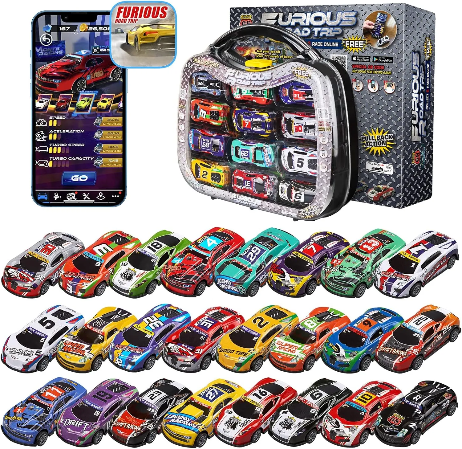 Golden Wheel 24 Race Cars Pack - 1:64 Vehicles Stamp Metal Mini Pull Back Cars Set with Transparent Carry Case & Free Online Games - Hot Toy Birthday Party Gift for Kids Ages 3  Years Old