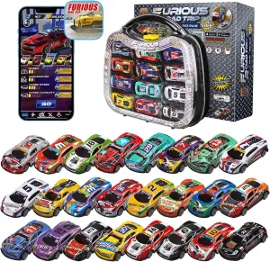 Golden Wheel 24 Race Cars Pack - 1:64 Vehicles Stamp Metal Mini Pull Back Cars Set with Transparent Carry Case & Free Online Games - Hot Toy Birthday Party Gift for Kids Ages 3  Years Old