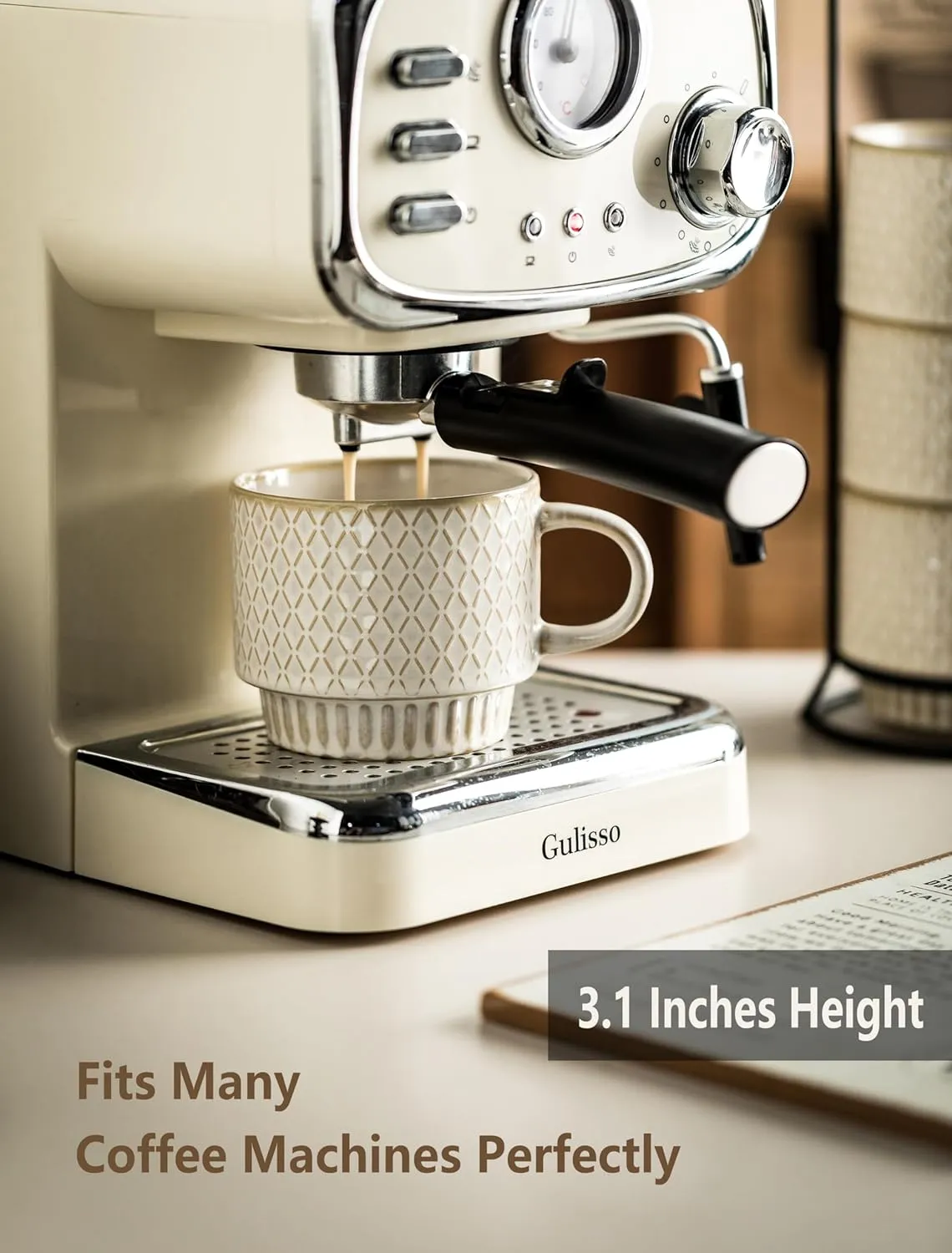 Gomakren Coffee Mugs Set of 4, 13 Ounce Stackable Coffee Mugs with Stand, Ceramic Coffee Cups with Spoon for Coffee, Espresso, Cappuccino, Latte, Cocoa, Tea and Milk, Creamy White