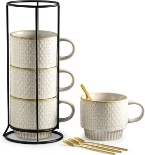 Gomakren Coffee Mugs Set of 4, 13 Ounce Stackable Coffee Mugs with Stand, Ceramic Coffee Cups with Spoon for Coffee, Espresso, Cappuccino, Latte, Cocoa, Tea and Milk, Creamy White