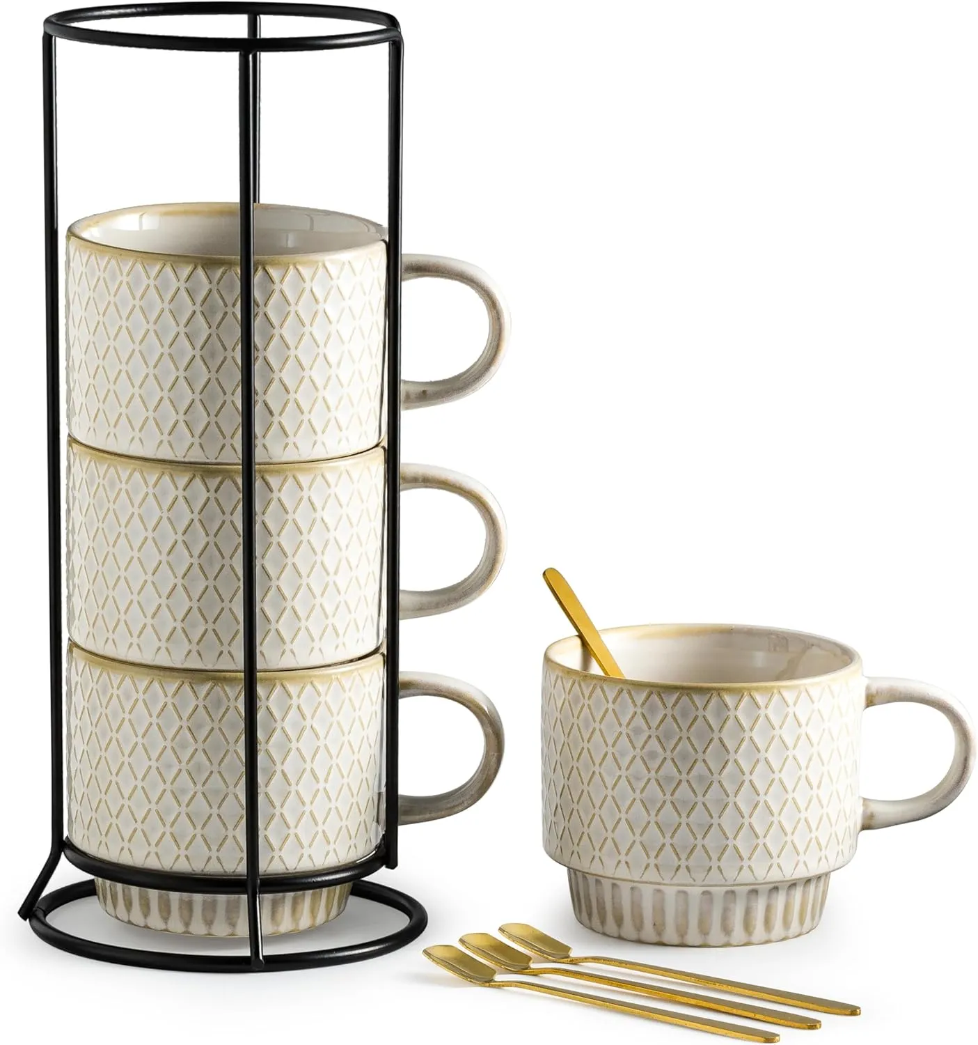 Gomakren Coffee Mugs Set of 4, 13 Ounce Stackable Coffee Mugs with Stand, Ceramic Coffee Cups with Spoon for Coffee, Espresso, Cappuccino, Latte, Cocoa, Tea and Milk, Creamy White