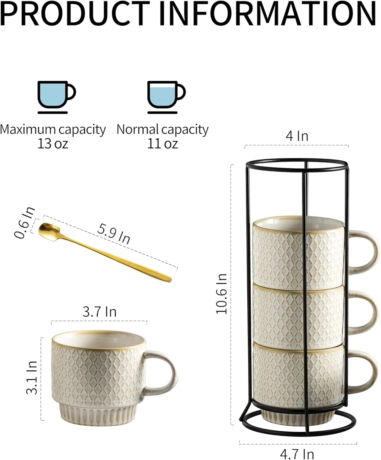 Gomakren Coffee Mugs Set of 4, 13 Ounce Stackable Coffee Mugs with Stand, Ceramic Coffee Cups with Spoon for Coffee, Espresso, Cappuccino, Latte, Cocoa, Tea and Milk, Creamy White