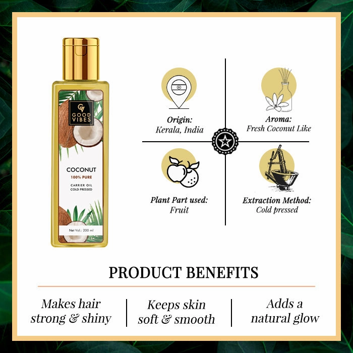 Good Vibes Coconut 100% Pure Coldpressed Carrier Oil | Hair Growth, Anti-Ageing, Hydrating | No Parabens, No Sulphates, No Mineral Oil (200 ml)