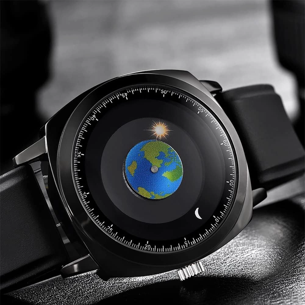 Gosasa Fashion Creative Men Watches Earth Trend Watch Analog Display Quartz Moon Sun Pointer Waterproof Novel Male Wristwatch (Black 2)