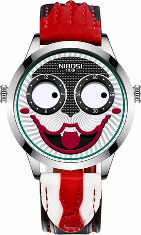 Gosasa Unisex Watches Creative Design Clown Dial Leather Strap Sport Quartz Waterproof Fashion Joker Wristwatch