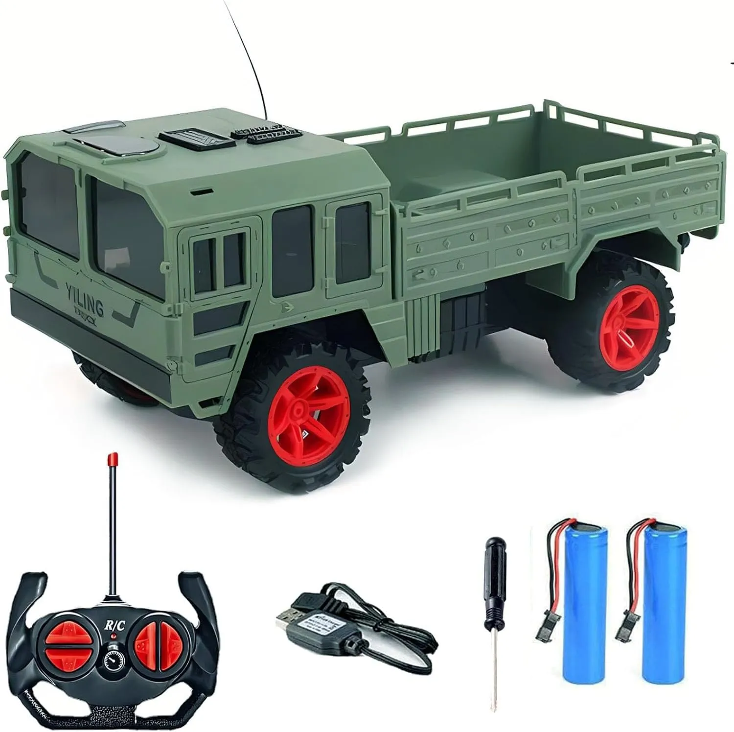 Green RC Military Transport Truck, 1:20 Scale Remote Control Battle Vehicle - 2.4GHz, 2 Rechargeable Batteries, Durable All-Terrain Toy for Kids, Boys, and Girls