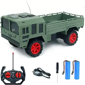 Green RC Military Transport Truck, 1:20 Scale Remote Control Battle Vehicle - 2.4GHz, 2 Rechargeable Batteries, Durable All-Terrain Toy for Kids, Boys, and Girls
