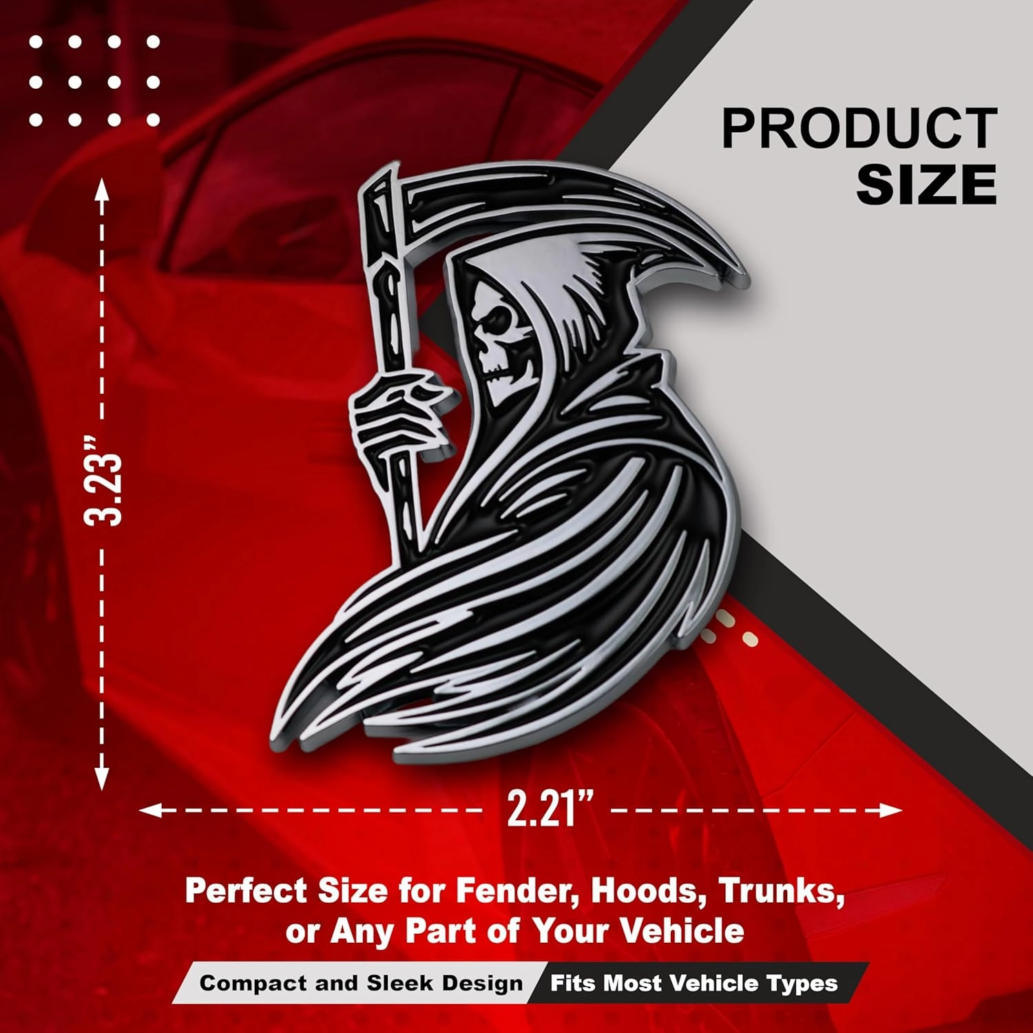 Grim Reaper Emblem 3D Skull Badge – Custom Car Decal Sticker for Car, Truck, SUV – Durable Exterior Trunk, Hood, Fender (Set of 2) (Chrome)