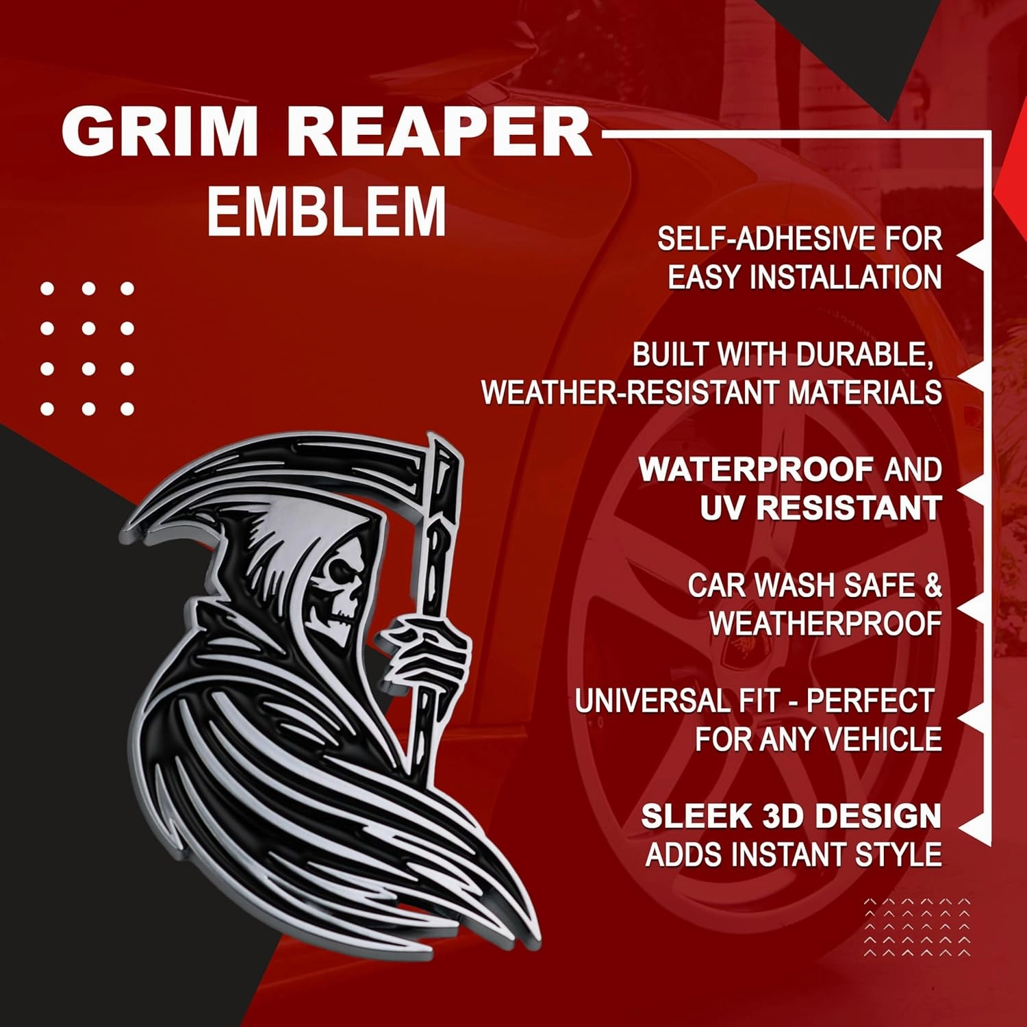Grim Reaper Emblem 3D Skull Badge – Custom Car Decal Sticker for Car, Truck, SUV – Durable Exterior Trunk, Hood, Fender (Set of 2) (Chrome)