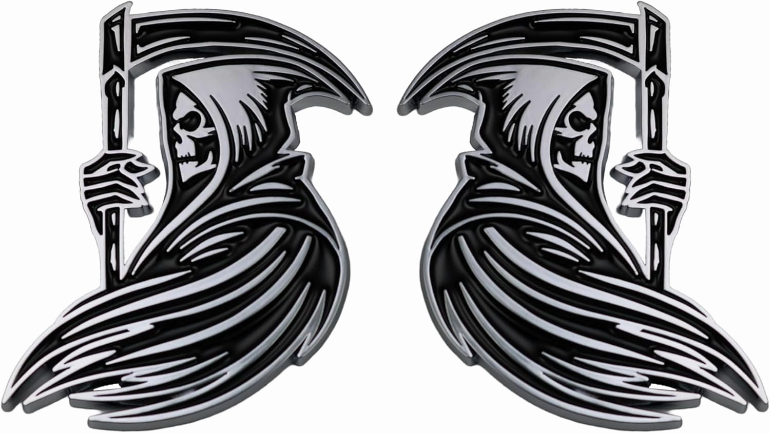 Grim Reaper Emblem 3D Skull Badge – Custom Car Decal Sticker for Car, Truck, SUV – Durable Exterior Trunk, Hood, Fender (Set of 2) (Chrome)