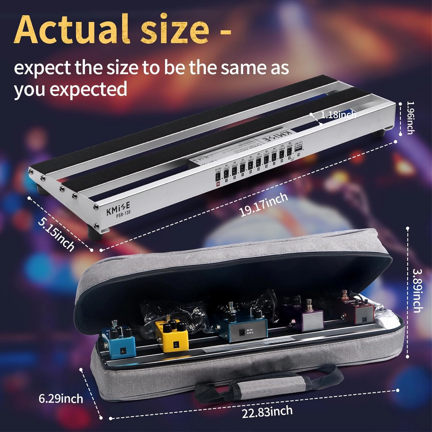 Guitar Pedal Board with Built-in Power Supply, Pedal Board Aluminum Alloy 1.8lb for Guitar Player, 9V PedalBoard 19x5inch with Adapter, Power Cable, Bag,Silver