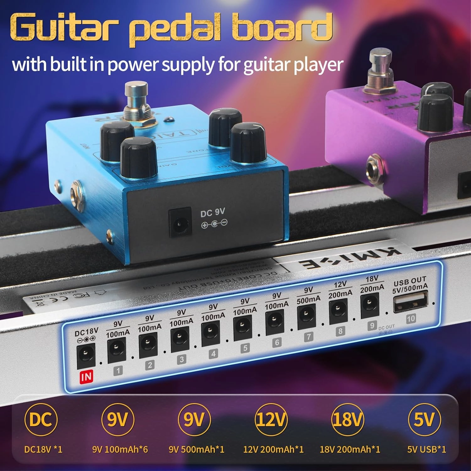 Guitar Pedal Board with Built-in Power Supply, Pedal Board Aluminum Alloy 1.8lb for Guitar Player, 9V PedalBoard 19x5inch with Adapter, Power Cable, Bag,Silver