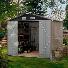 GVDV 8x6 FT Outdoor Storage Shed with Air Vent & Lockable Doors, Durable Metal Outside Storage for Garden, Patio and Backyard, Waterproof Shelter for Tools, Bike