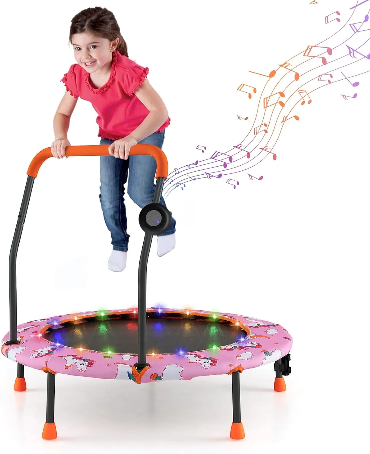 GYMAX Toddler Trampoline, 36” Trampoline for Kids with Lights n Music, Removable Blue Tooth Speaker & Safety Handle, Easy Assembly Mini Trampoline Outdoor Indoor, Baby Jumping Mat (Pony)