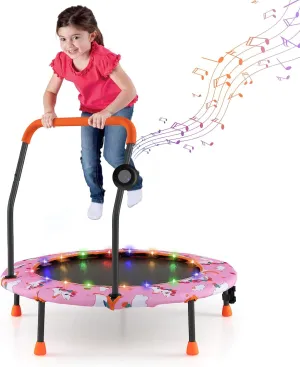 GYMAX Toddler Trampoline, 36” Trampoline for Kids with Lights n Music, Removable Blue Tooth Speaker & Safety Handle, Easy Assembly Mini Trampoline Outdoor Indoor, Baby Jumping Mat (Pony)