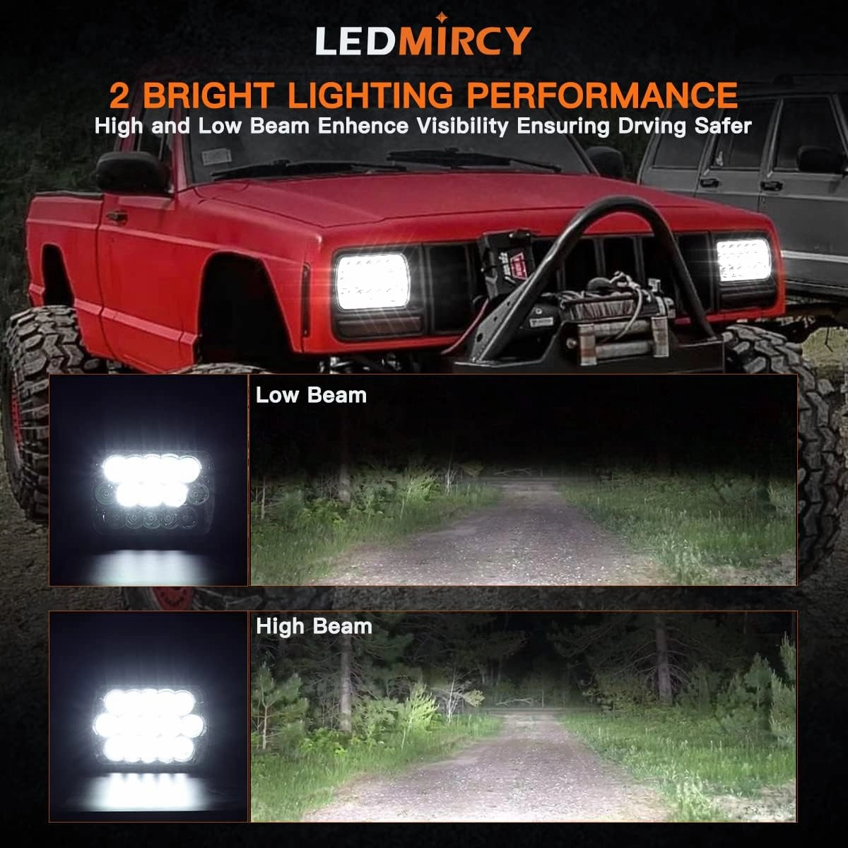 H6054 LED Headlights, 5x7 LED Headlights Rectangular 2PCS 90W High Low Sealed Beam Square 7x6 Headlight DOT Approved for Truck Chevy Cherokee Tacoma Ford Van Sedans H5054 H6014 H6052 6053